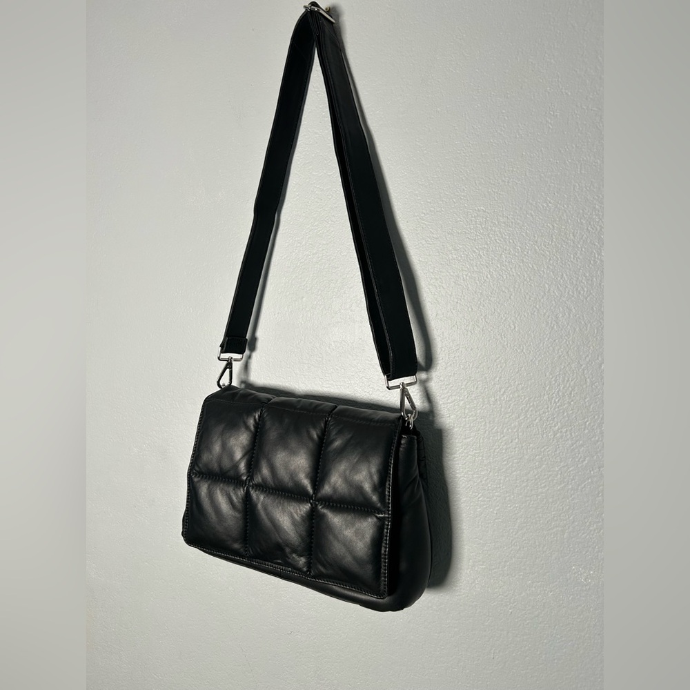 Black Puffy Quilted Sheep Leather Crossbody Bag with Wide Adjustable Strap
